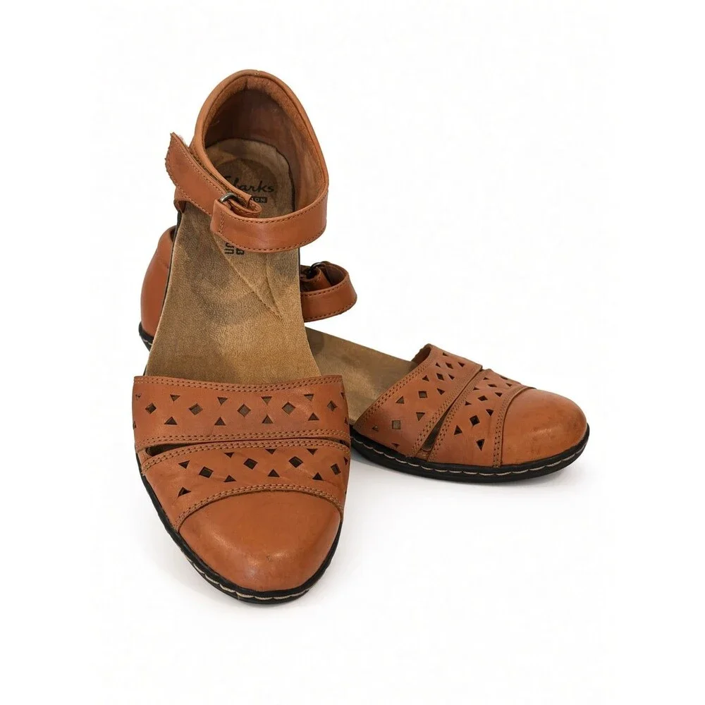 Clarks Emily Leather Ankle Strap Mary Jane Womens 8 M Brown Shoes Comfort 1.5”